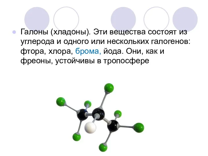 Галоны (хладоны). Эти вещества состоят из углерода и одного или