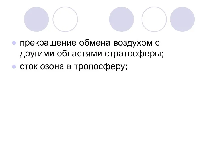 прекращение обмена воздухом с другими областями стратосферы; сток озона в тропосферу;