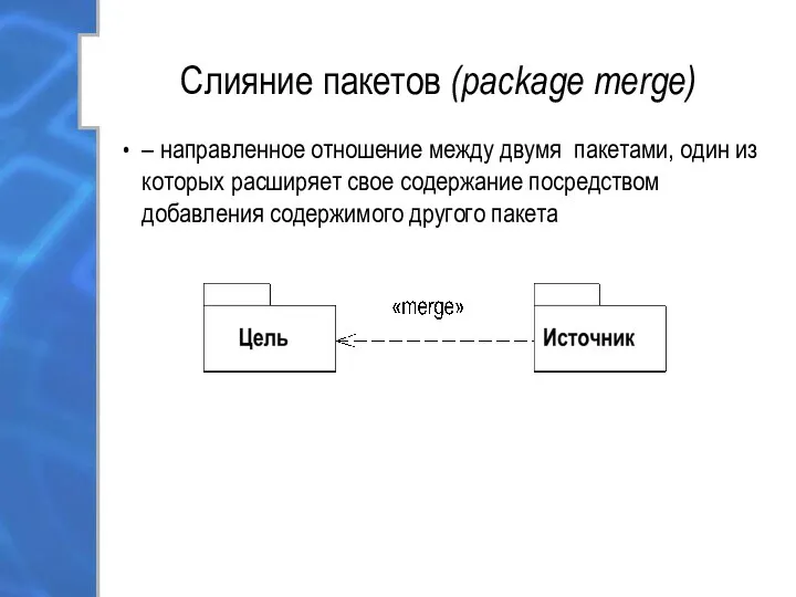 Слияние пакетов (package merge) – направленное отношение между двумя пакетами, один из которых