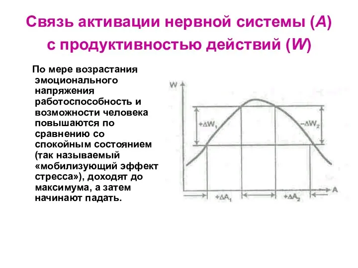 Связь активации нервной системы (А) с продуктивностью действий (W) По