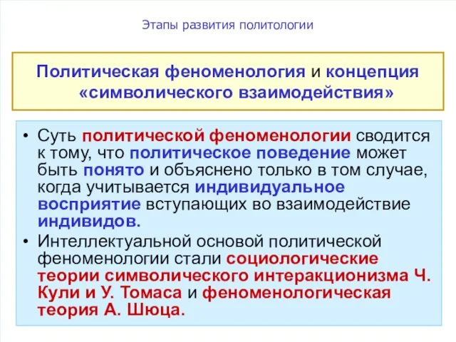 Этапы развития политологии Политическая феноменология и концепция «символического взаимодействия» Суть