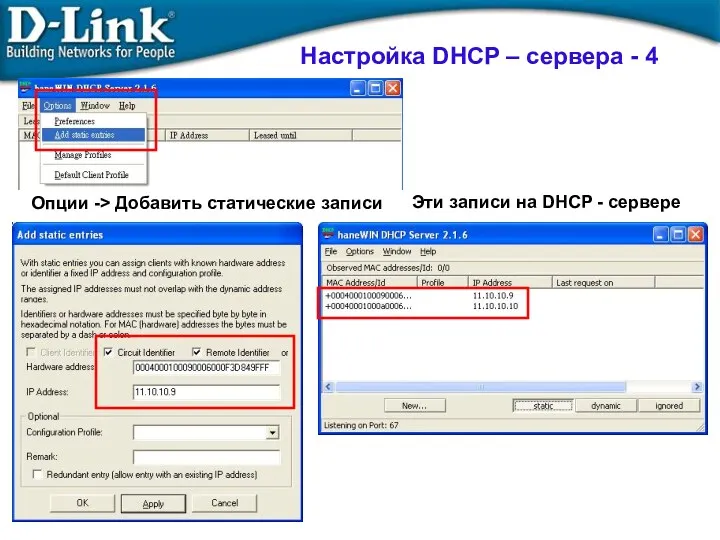 Опции -> Добавить статические записи Эти записи на DHCP - сервере Настройка DHCP