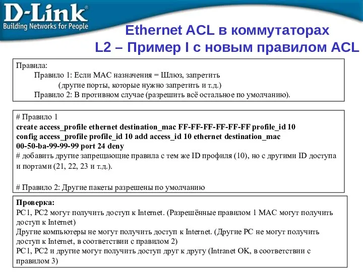 Ethernet ACL в коммутаторах L2 – Пример I с новым правилом ACL Правила:
