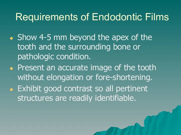Requirements of Endodontic Films Show 4-5 mm beyond the apex