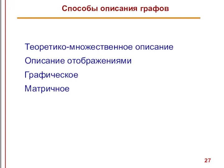 Способы описания графов Теоретико-множественное описание Описание отображениями Графическое Матричное