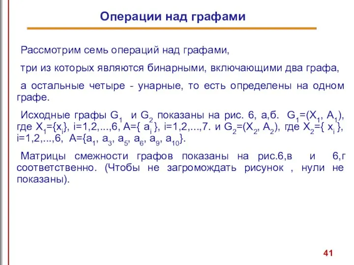 Операции над графами Рассмотрим семь операций над графами, три из