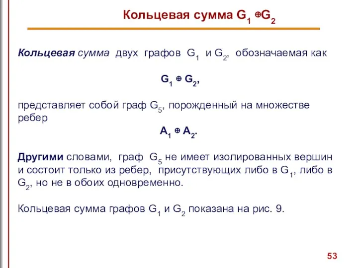 Кольцевая сумма G1 ⊕G2 Кольцевая сумма двух графов G1 и