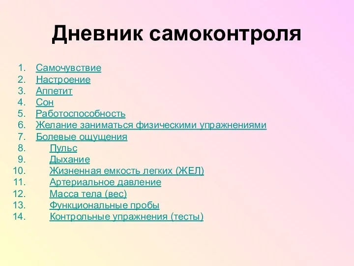 Дневник самоконтроля Самочувствие Настроение Аппетит Сон Работоспособность Желание заниматься физическими