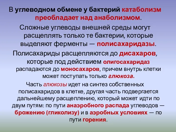 В углеводном обмене у бактерий катаболизм преобладает над анаболизмом. Сложные