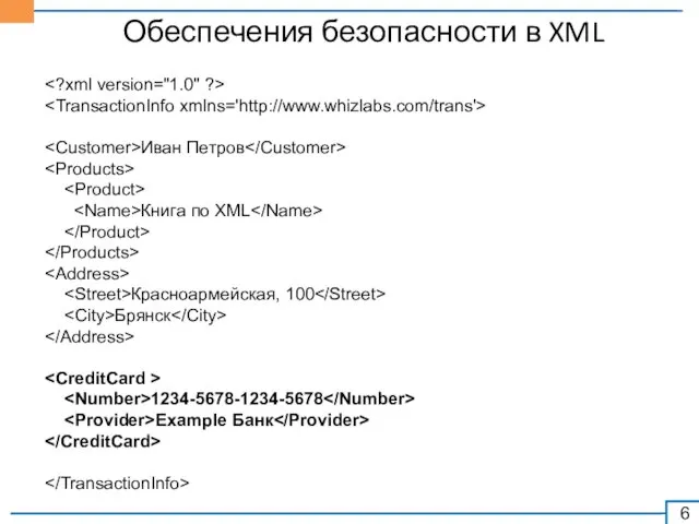 Обеспечения безопасности в XML Иван Петров Книга по XML Красноармейская, 100 Брянск 1234-5678-1234-5678 Example Банк