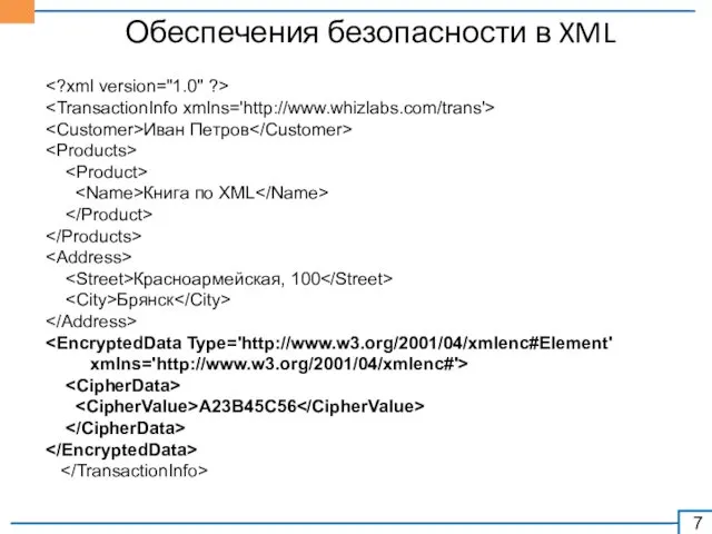 Обеспечения безопасности в XML Иван Петров Книга по XML Красноармейская, 100 Брянск xmlns='http://www.w3.org/2001/04/xmlenc#'> A23B45C56