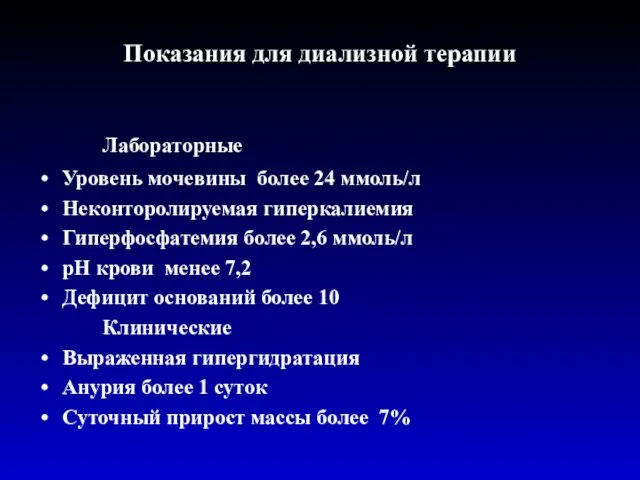 Показания для диализной терапии Лабораторные Уровень мочевины более 24 ммоль/л