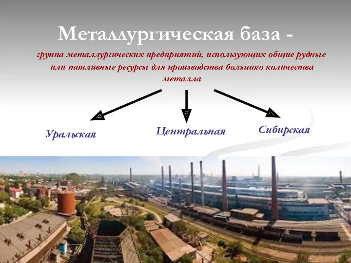 Металлургическая база - группа металлургических предприятий, использующих общие рудные или топливные ресурсы для