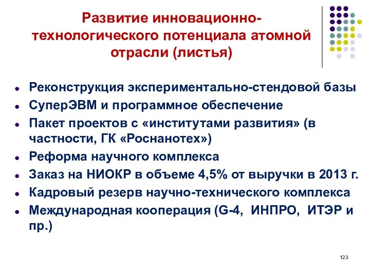 Развитие инновационно-технологического потенциала атомной отрасли (листья) Реконструкция экспериментально-стендовой базы СуперЭВМ