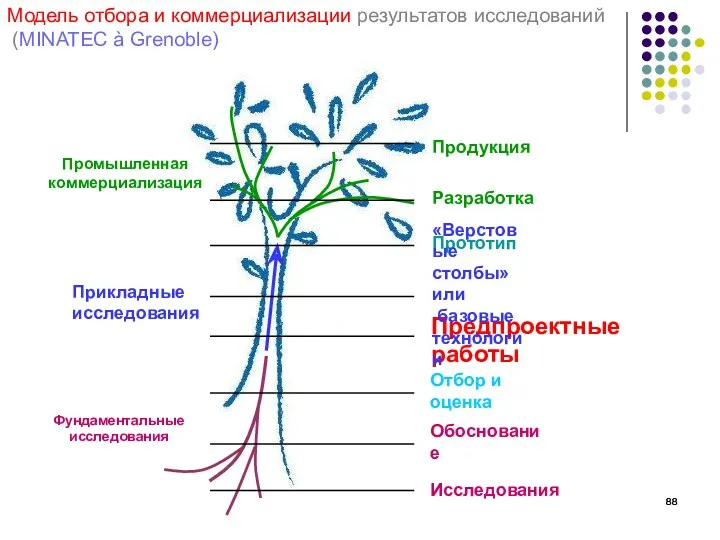 Модель отбора и коммерциализации результатов исследований (MINATEC à Grenoble) Промышленная коммерциализация Прикладные исследования Фундаментальные исследования