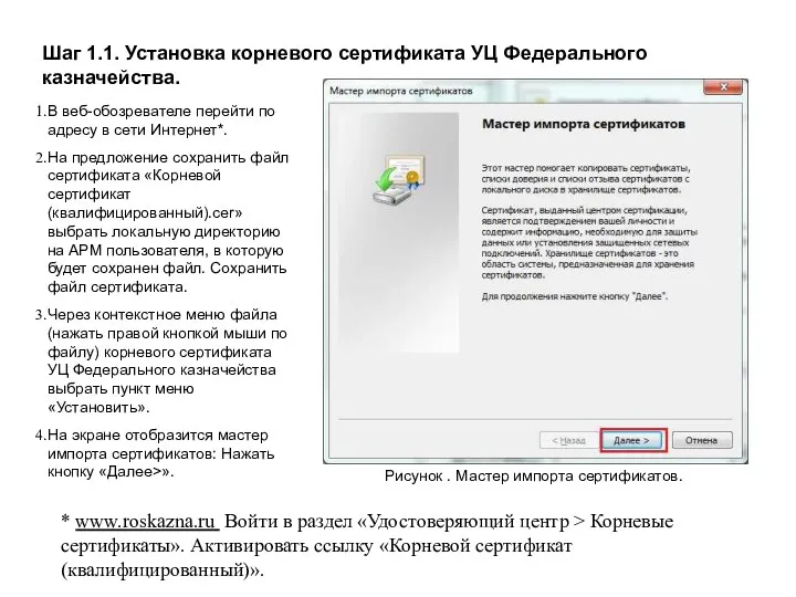 Шаг 1.1. Установка корневого сертификата УЦ Федерального казначейства. Рисунок .