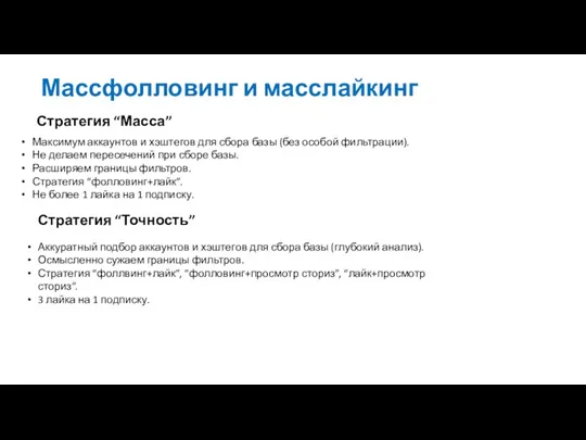 Массфолловинг и масслайкинг Стратегия “Масса” Максимум аккаунтов и хэштегов для