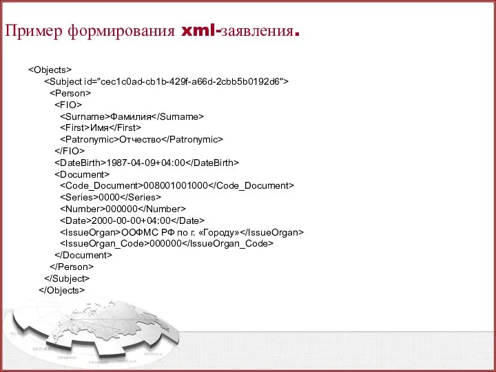 Пример формирования xml-заявления. Фамилия Имя Отчество 1987-04-09+04:00 008001001000 0000 000000