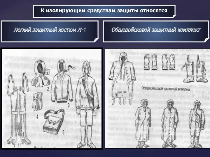 К изолирующим средствам защиты относятся Легкий защитный костюм Л-1 Общевойсковой защитный комплект