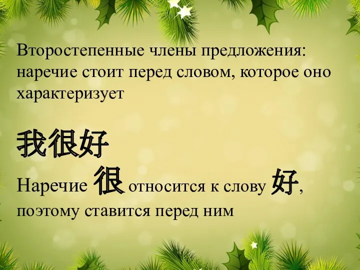 Второстепенные члены предложения: наречие стоит перед словом, которое оно характеризует