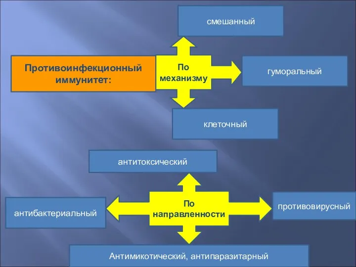 По механизму По направленности гуморальный клеточный смешанный Противоинфекционный иммунитет: антитоксический антибактериальный противовирусный Антимикотический, антипаразитарный