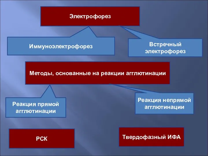 Электрофорез Иммуноэлектрофорез Встречный электрофорез Методы, основанные на реакции агглютинации Реакция