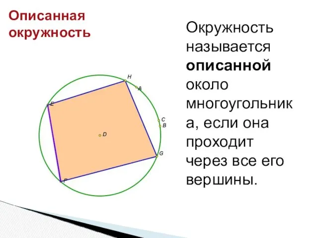 Окружность называется описанной около многоугольника, если она проходит через все его вершины. Описанная окружность