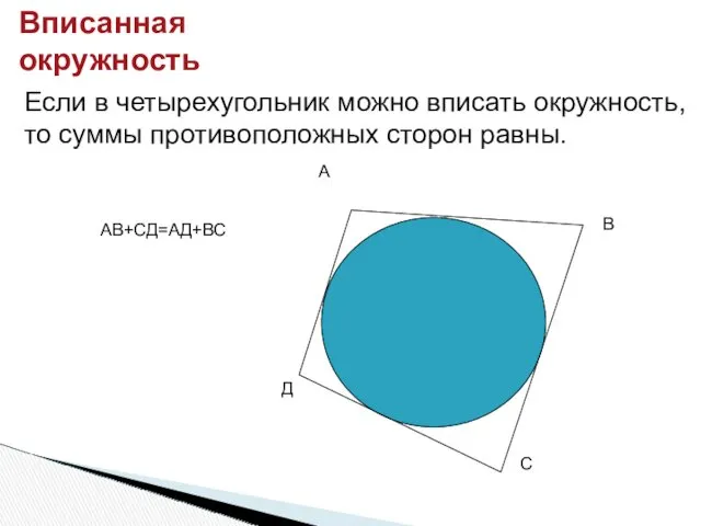 Если в четырехугольник можно вписать окружность, то суммы противоположных сторон равны. АВ+СД=АД+ВС Вписанная окружность