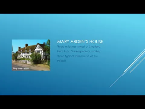 MARY ARDEN’S HOUSE Three miles northwest of Stratford. Here lived Shakespeare’s mother. This