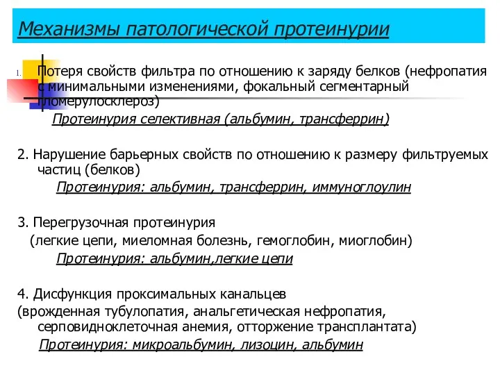 Механизмы патологической протеинурии Потеря свойств фильтра по отношению к заряду