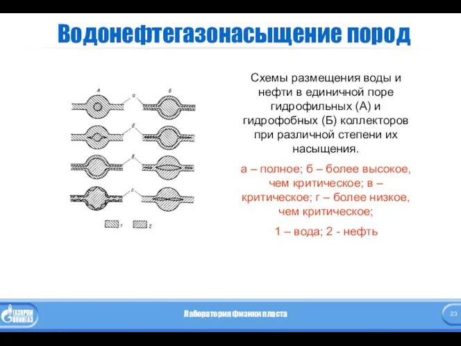 Водонефтегазонасыщение пород Схемы размещения воды и нефти в единичной поре