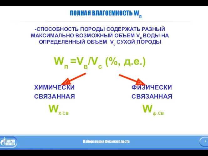 ПОЛНАЯ ВЛАГОЕМКОСТЬ Wп -СПОСОБНОСТЬ ПОРОДЫ СОДЕРЖАТЬ РАЗНЫЙ МАКСИМАЛЬНО ВОЗМОЖНЫЙ ОБЪЕМ