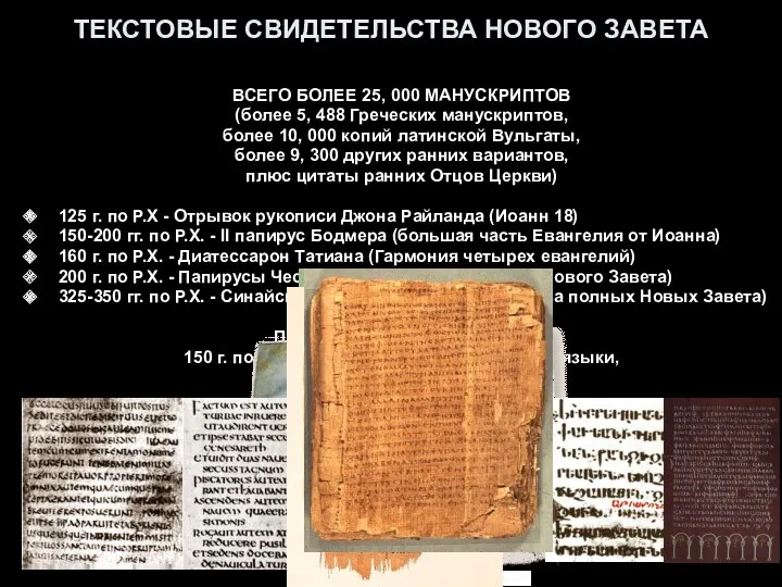 ТЕКСТОВЫЕ СВИДЕТЕЛЬСТВА НОВОГО ЗАВЕТА ВСЕГО БОЛЕЕ 25, 000 МАНУСКРИПТОВ (более 5, 488 Греческих