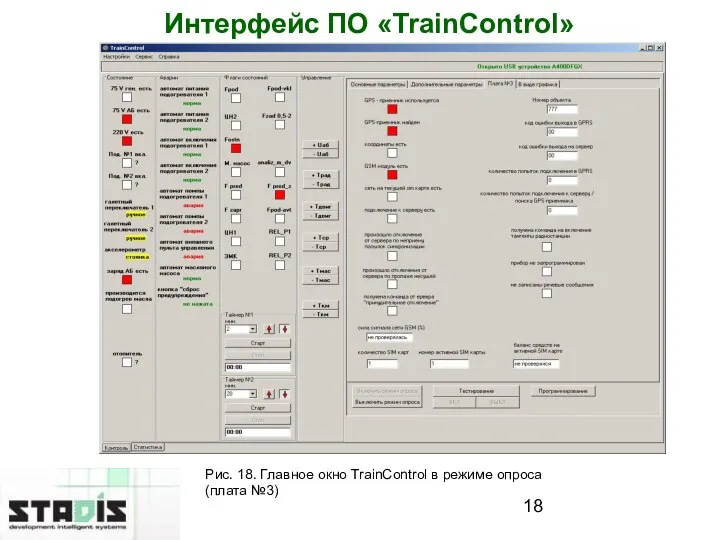 Интерфейс ПО «TrainControl» Рис. 18. Главное окно TrainControl в режиме опроса (плата №3)