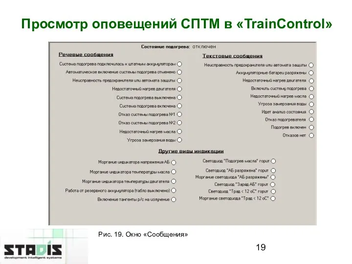 Просмотр оповещений СПТМ в «TrainControl» Рис. 19. Окно «Сообщения»