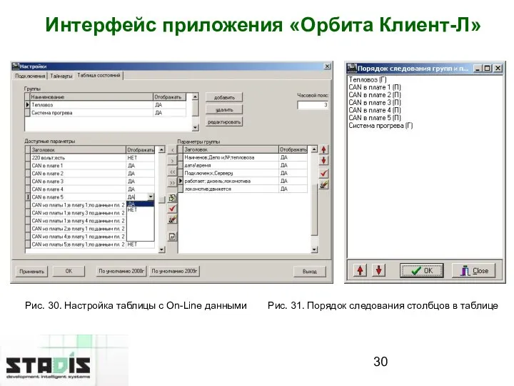 Интерфейс приложения «Орбита Клиент-Л» Рис. 30. Настройка таблицы с On-Line