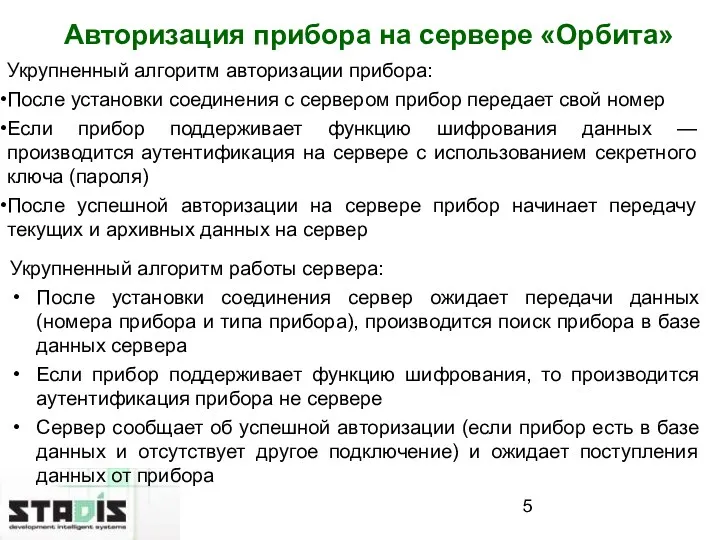 Авторизация прибора на сервере «Орбита» Укрупненный алгоритм авторизации прибора: После