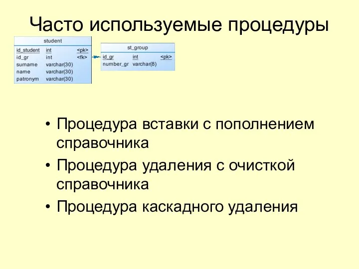 Часто используемые процедуры Процедура вставки с пополнением справочника Процедура удаления с очисткой справочника Процедура каскадного удаления