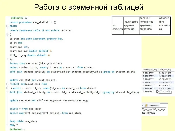 Работа с временной таблицей