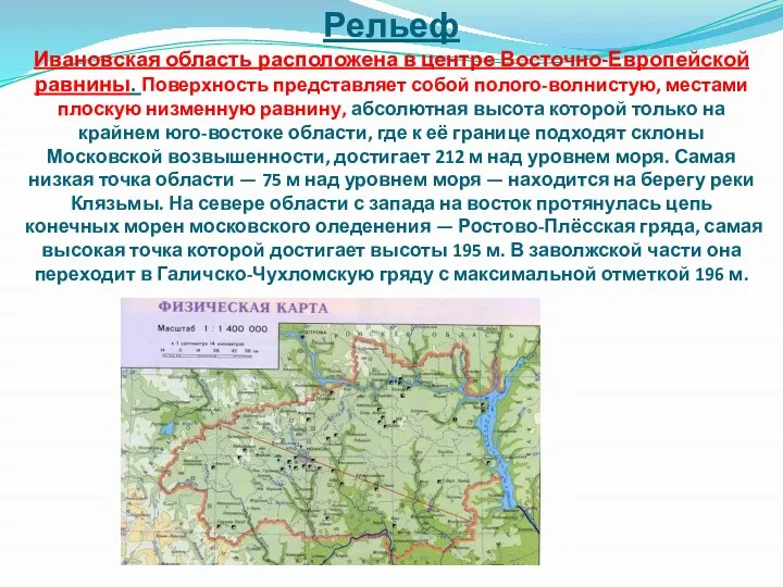 Рельеф Ивановская область расположена в центре Восточно-Европейской равнины. Поверхность представляет