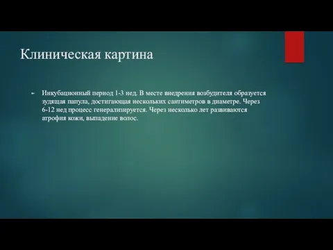 Клиническая картина Инкубационный период 1-3 нед. В месте внедрения возбудителя