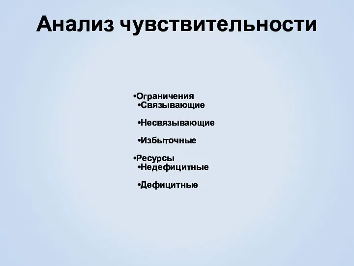 Анализ чувствительности Ограничения Связывающие Несвязывающие Избыточные Ресурсы Недефицитные Дефицитные