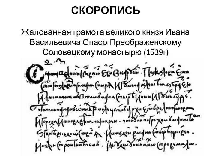 СКОРОПИСЬ Жалованная грамота великого князя Ивана Васильевича Спасо-Преображенскому Соловецкому монастырю (1539г)