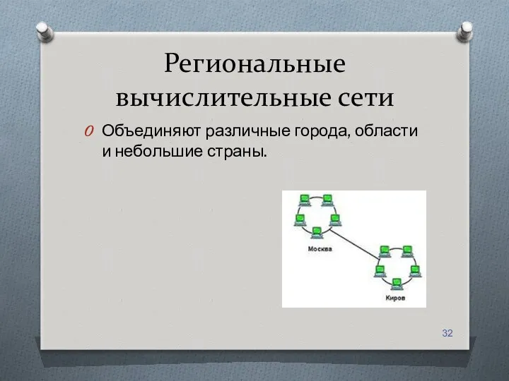 Региональные вычислительные сети Объединяют различные города, области и небольшие страны.