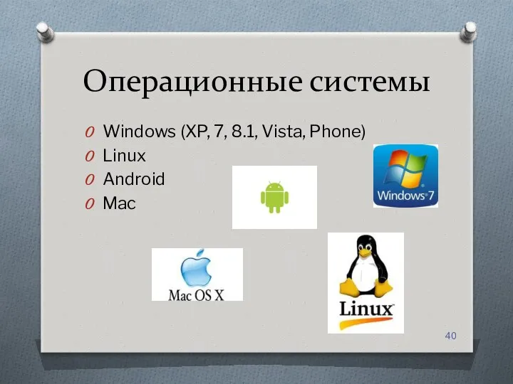 Операционные системы Windows (XP, 7, 8.1, Vista, Phone) Linux Android Mac