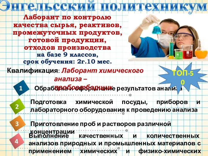 Лаборант по контролю качества сырья, реактивов, промежуточных продуктов, готовой продукции, отходов производства на