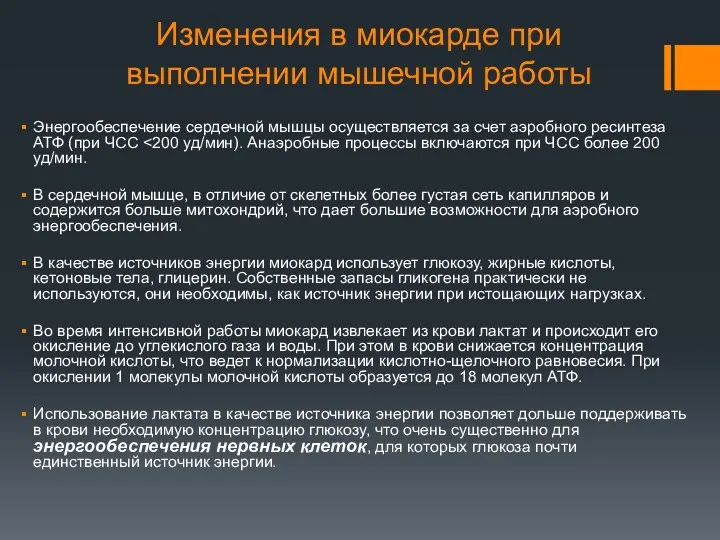 Изменения в миокарде при выполнении мышечной работы Энергообеспечение сердечной мышцы