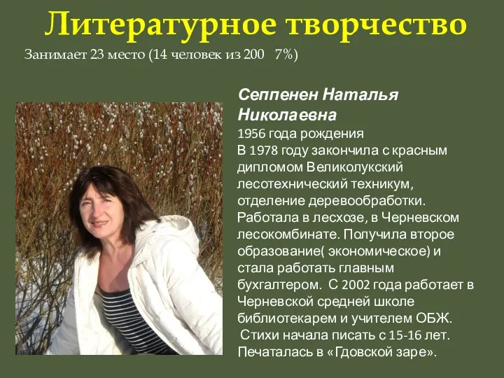 Литературное творчество Сеппенен Наталья Николаевна 1956 года рождения В 1978