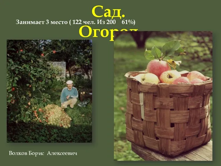 Сад. Огород Занимает 3 место ( 122 чел. Из 200 61%) Волков Борис Алексеевич