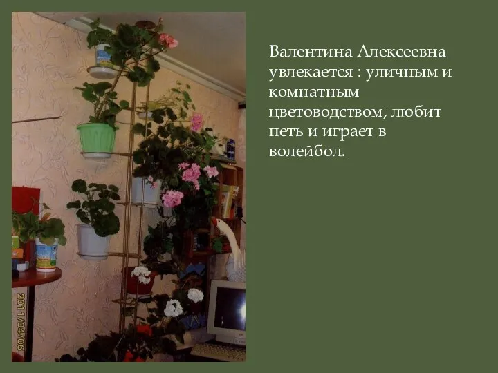 Валентина Алексеевна увлекается : уличным и комнатным цветоводством, любит петь и играет в волейбол.